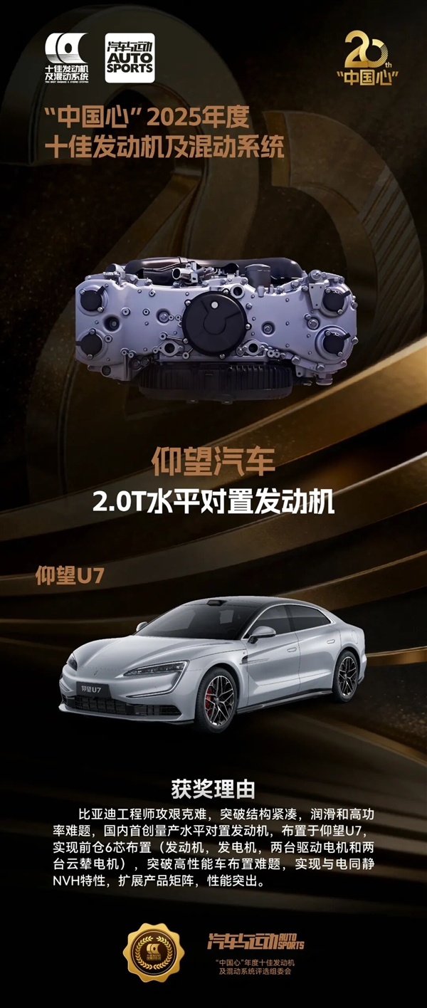 比亚迪国内首创量产水平对置发动机 荣获“中国心”十佳评选